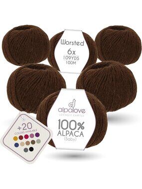 Soft Baby Alpaca Yarn Set - 6 Skeins, 656 Yards, Worsted Weight, Chocolate Brown